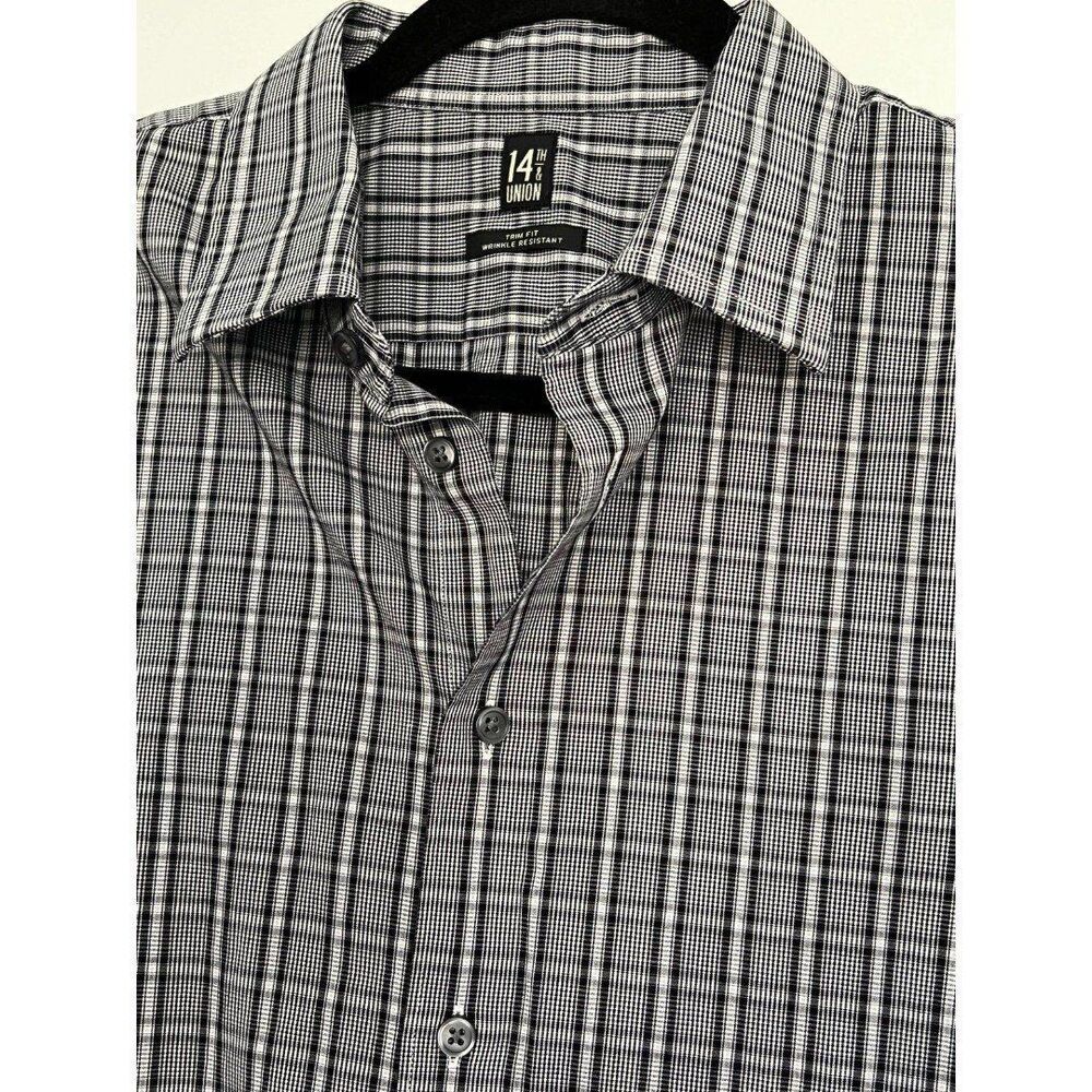 14th & Union Men's Black/White Check Trim Fit Wrinkle Resistant Long Sleeve